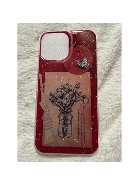 Red Glitter Butterfly Floral Phone Case for iPhone 13 Pro Max